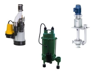 Three types of sump pumps: submersible pump, pedestal pump, and effluent pump, showcasing options for homeowners to manage basement water drainage effectively.