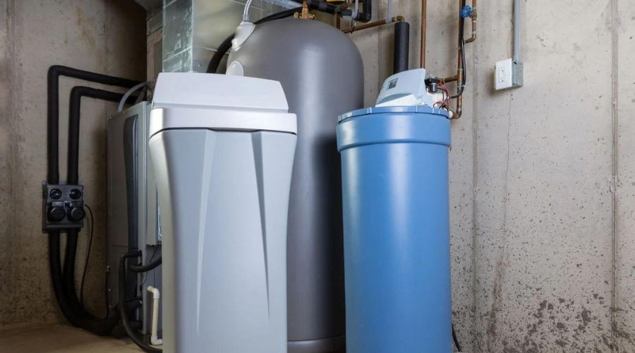 Gray water softener and blue filtration system in industrial plumbing setup by Allore's Plumbing Services LLC.