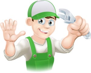 Cartoon plumber in green overalls and cap, holding a wrench and smiling, representing professional plumbing services for kitchen remodeling.