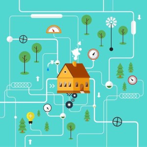 Illustration of a house surrounded by plumbing symbols, gears, and trees, representing plumbing systems and maintenance, relevant to summer plumbing tips and inspections.