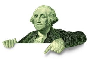 Illustration of George Washington from a dollar bill pointing downwards, symbolizing cost savings associated with professional drain cleaning services.