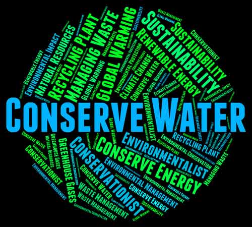 Conserve water graphic with keywords highlighting water conservation, sustainability, and environmental management, emphasizing the importance of saving water during summer months.