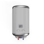 Water heater with temperature control knobs, metallic finish, and Allore's Plumbing Services logo displayed prominently.