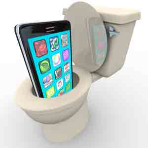 Toilet with smartphone submerged, symbolizing advanced toilet technologies and modern bathroom innovations.