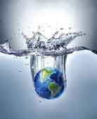 Earth globe submerged in water, illustrating the importance of water conservation and the impact of water shortages on global populations.
